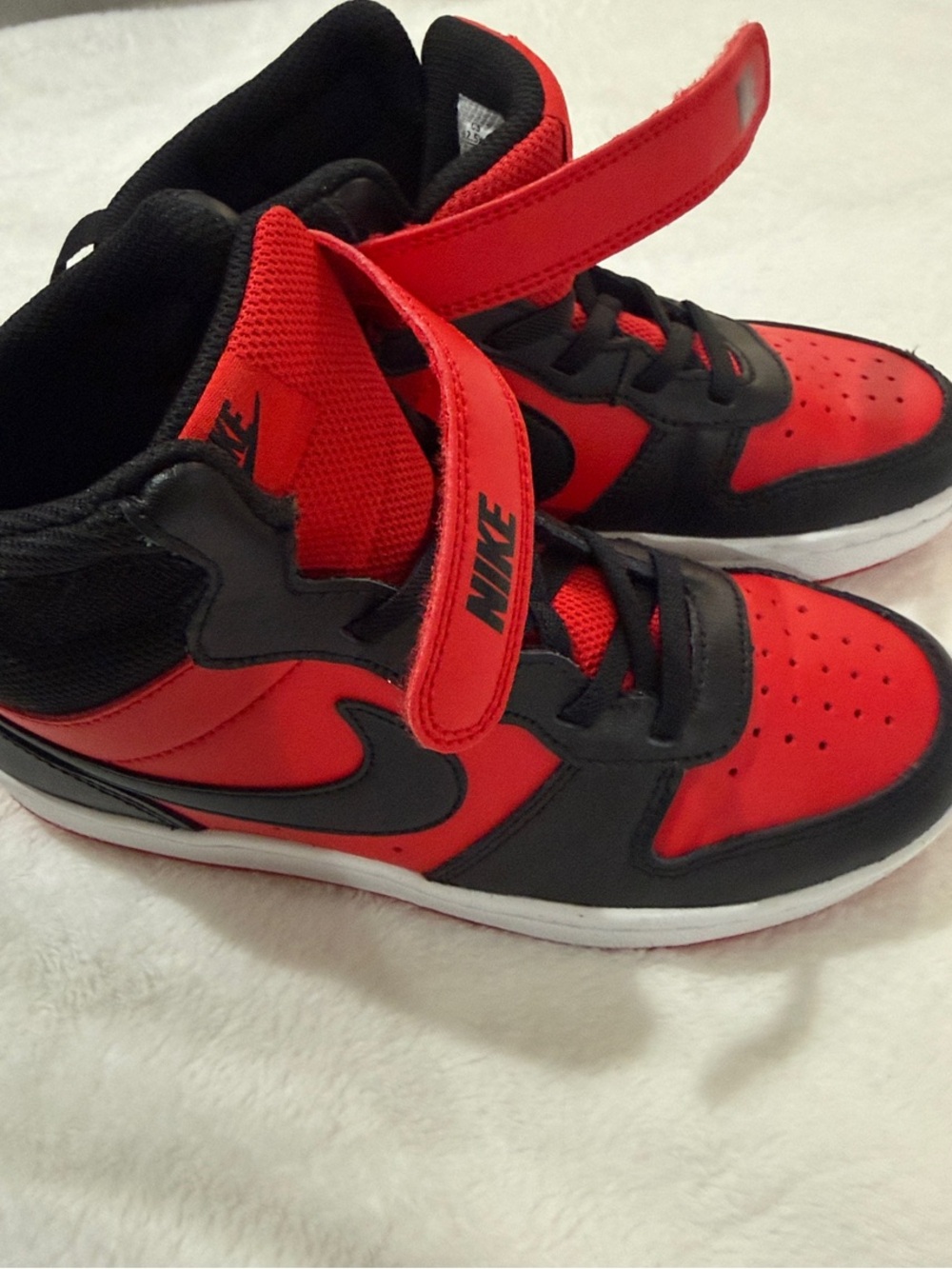 Nike Kids Red and Black High-Top Sneakers with Velcro Strap